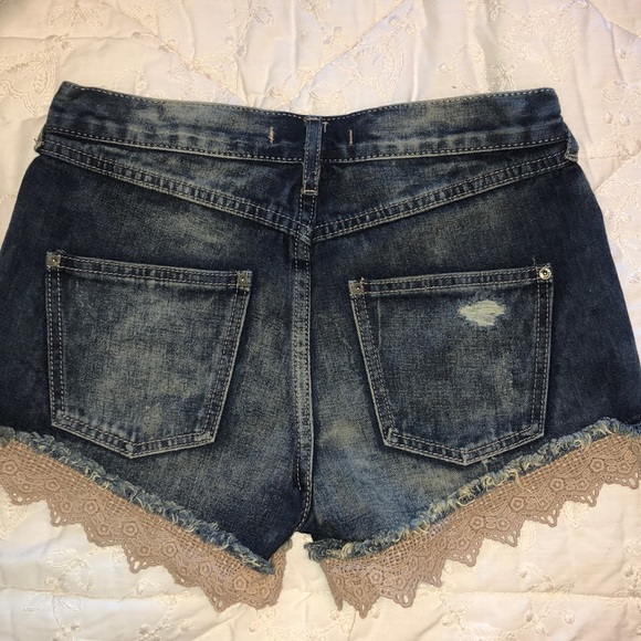 Free People Distressed Denim Shorts with Lace Trim, Size 24 - Picture 2 of 3
